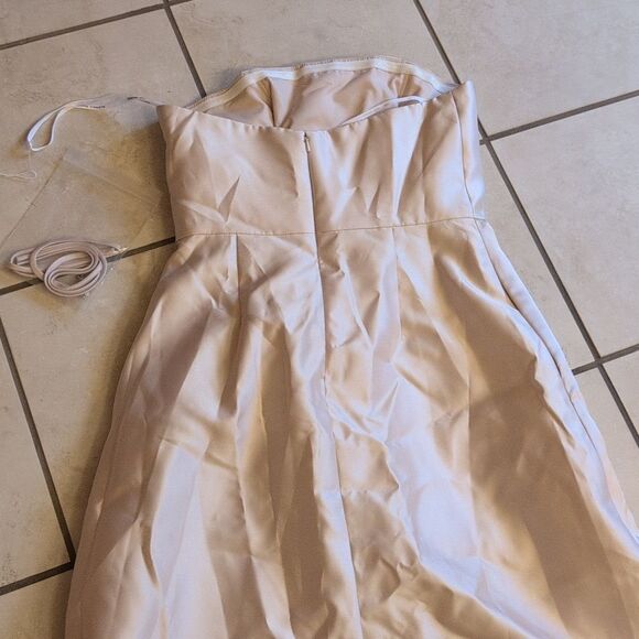 Alfred Sung Strapless Satin Gown Draped Front Slit Pockets Champagne 6 - Picture 4 of 14